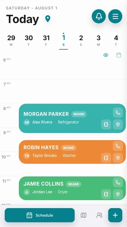HomiApp daily visual schedule for appliance repair technicians