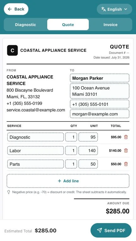 Professional appliance repair invoice generated in HomiApp