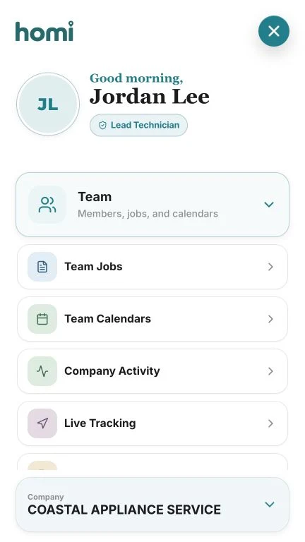 HomiApp technician map and team coordination view