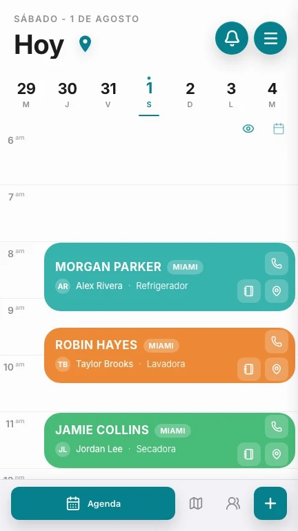 Agenda visual diaria de HomiApp para técnicos de reparación de electrodomésticos
