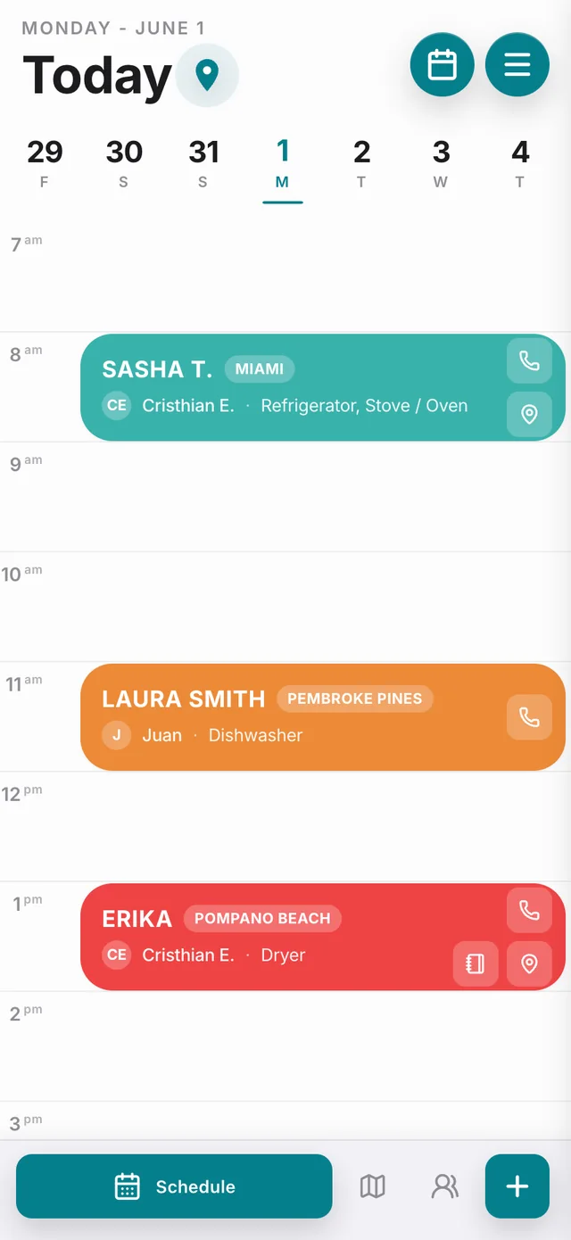 Agenda diaria de trabajos para técnicos de reparación de electrodomésticos — HomiApp scheduling