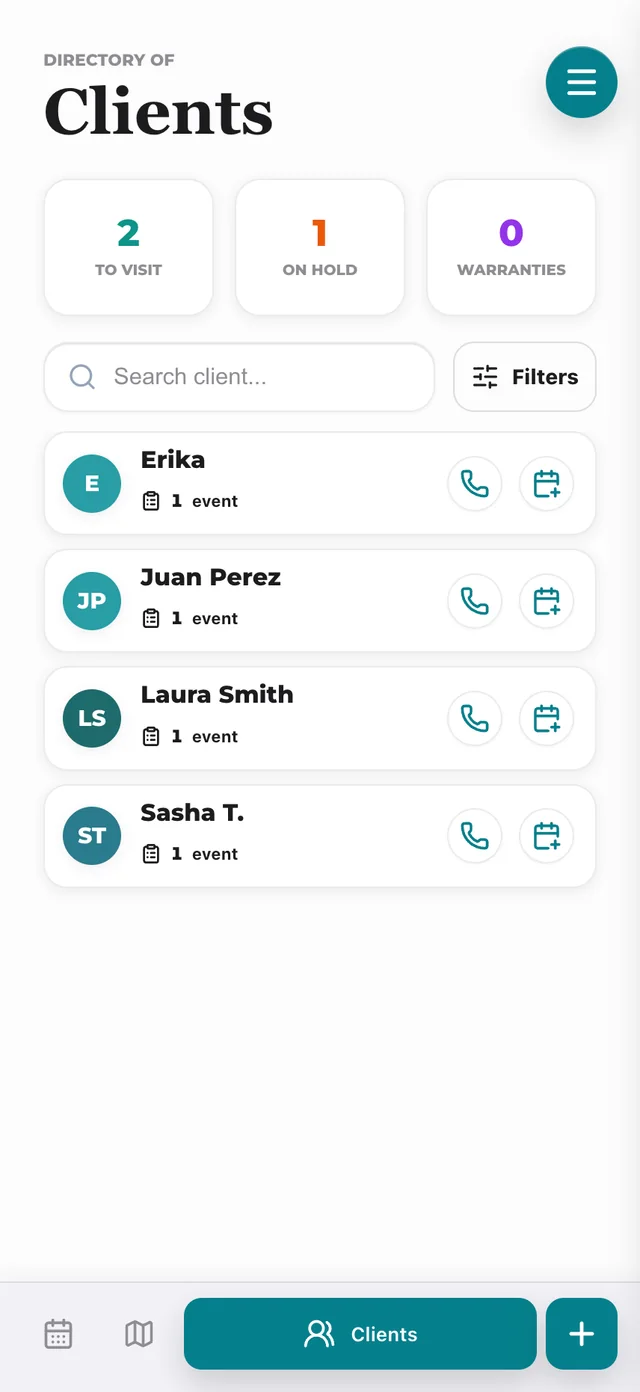 Directorio de clientes con información de contacto e historial