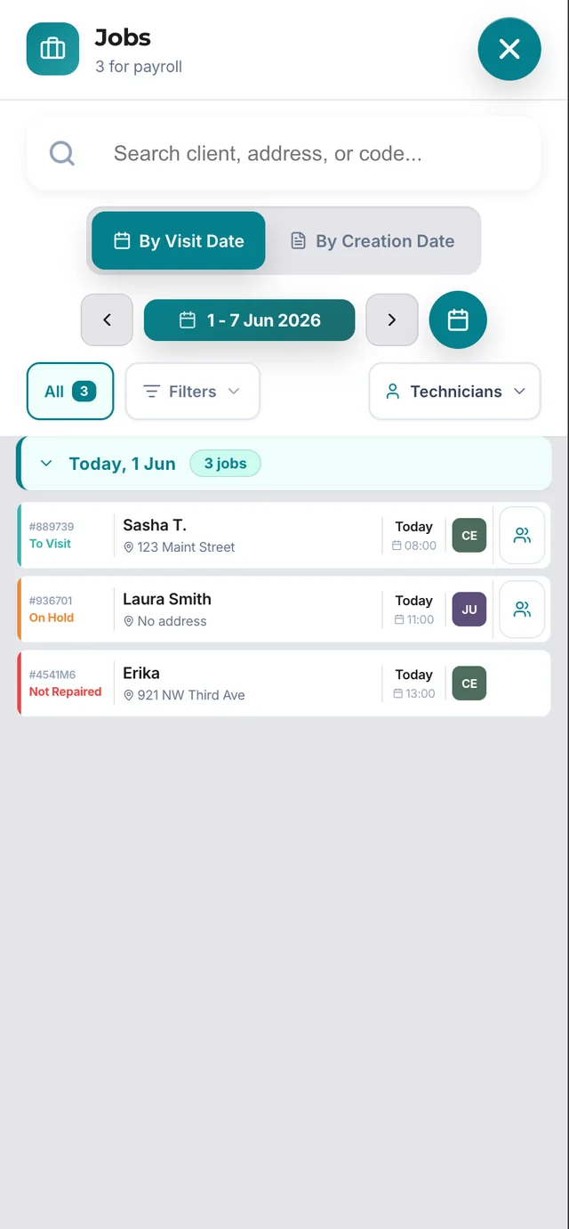 Historial de trabajos de reparación organizado por cliente — HomiApp job history