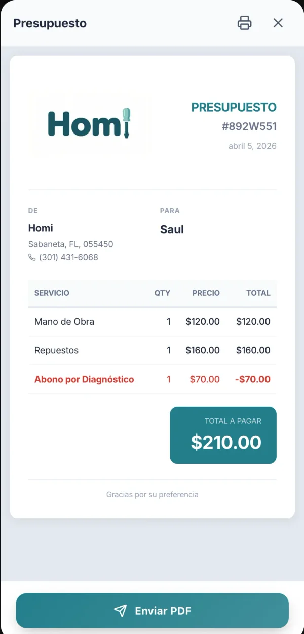 Professional quote with company logo — appliance repair quote