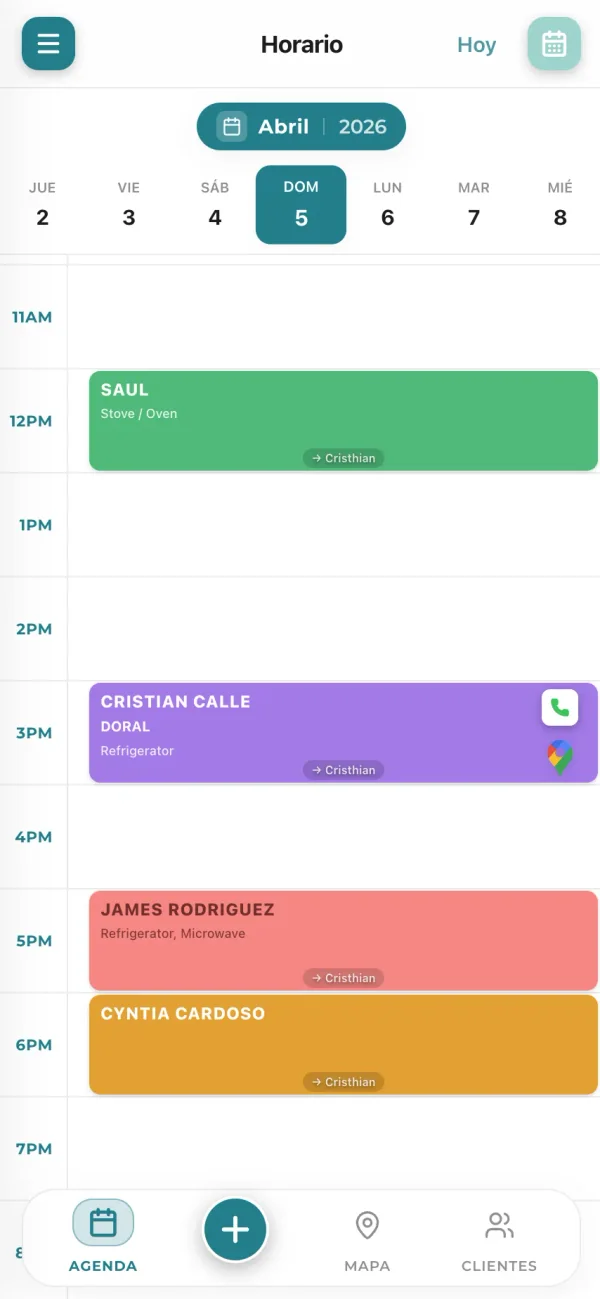 Weekly calendar with color-coded job statuses