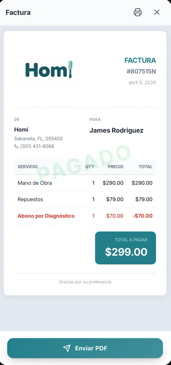 Professional invoice generated with HomiApp — appliance repair invoicing