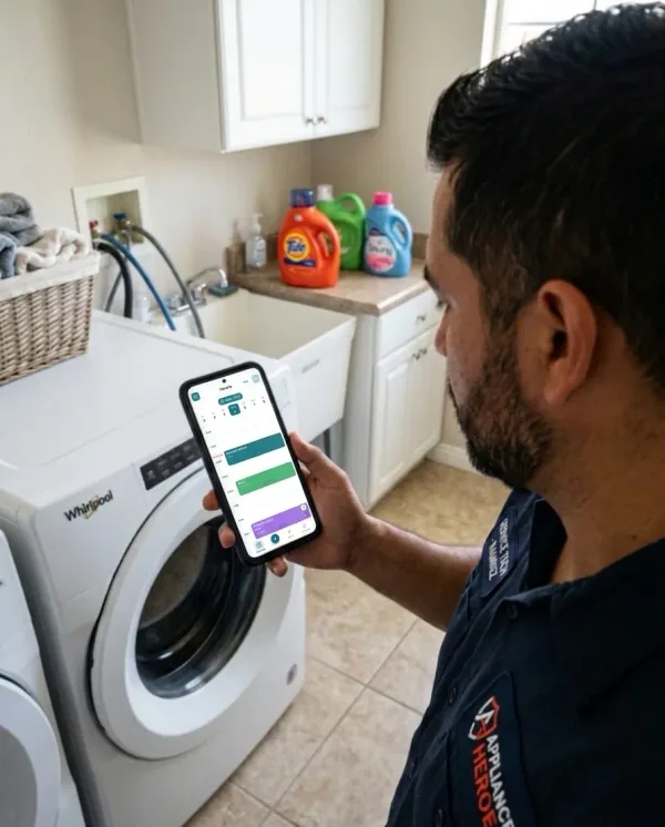 Appliance repair technician using HomiApp on phone to manage appointments