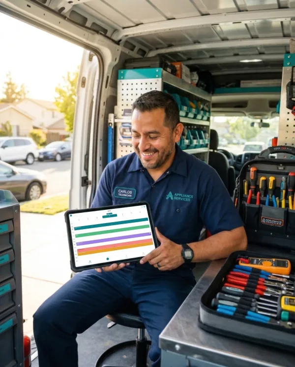 Technician reviewing repair schedule on HomiApp from tablet